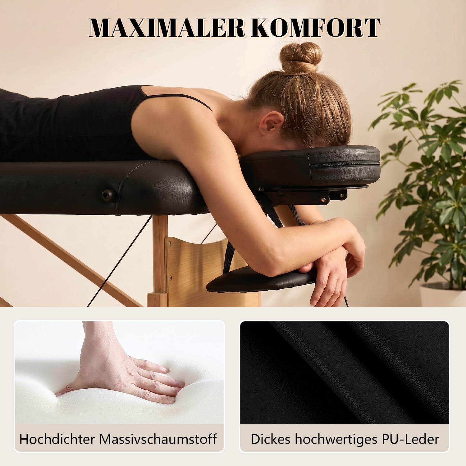 Kidol&Shellder Massageliege 70cm breit, klappbar höhenverstellbar, 250kg Tragfähigkeit, 9cm PU Polsterung, Tragetasche, rutschfeste Füße, Schwarz