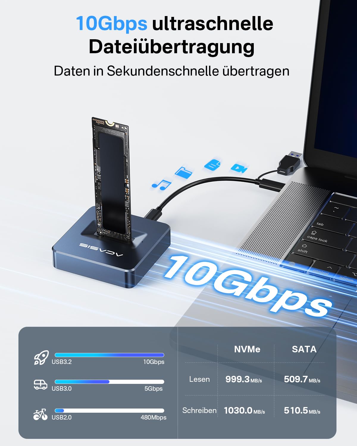 ACASIS AC-M04 M.2 NVMe & SATA SSD Gehäuse – 10 Gbps USB-C Docking Station , M.2 USB Adapter – Unterstützt M.2 NVMe SSD M-Key und SATA-basierte SSD M Key&M+B Key