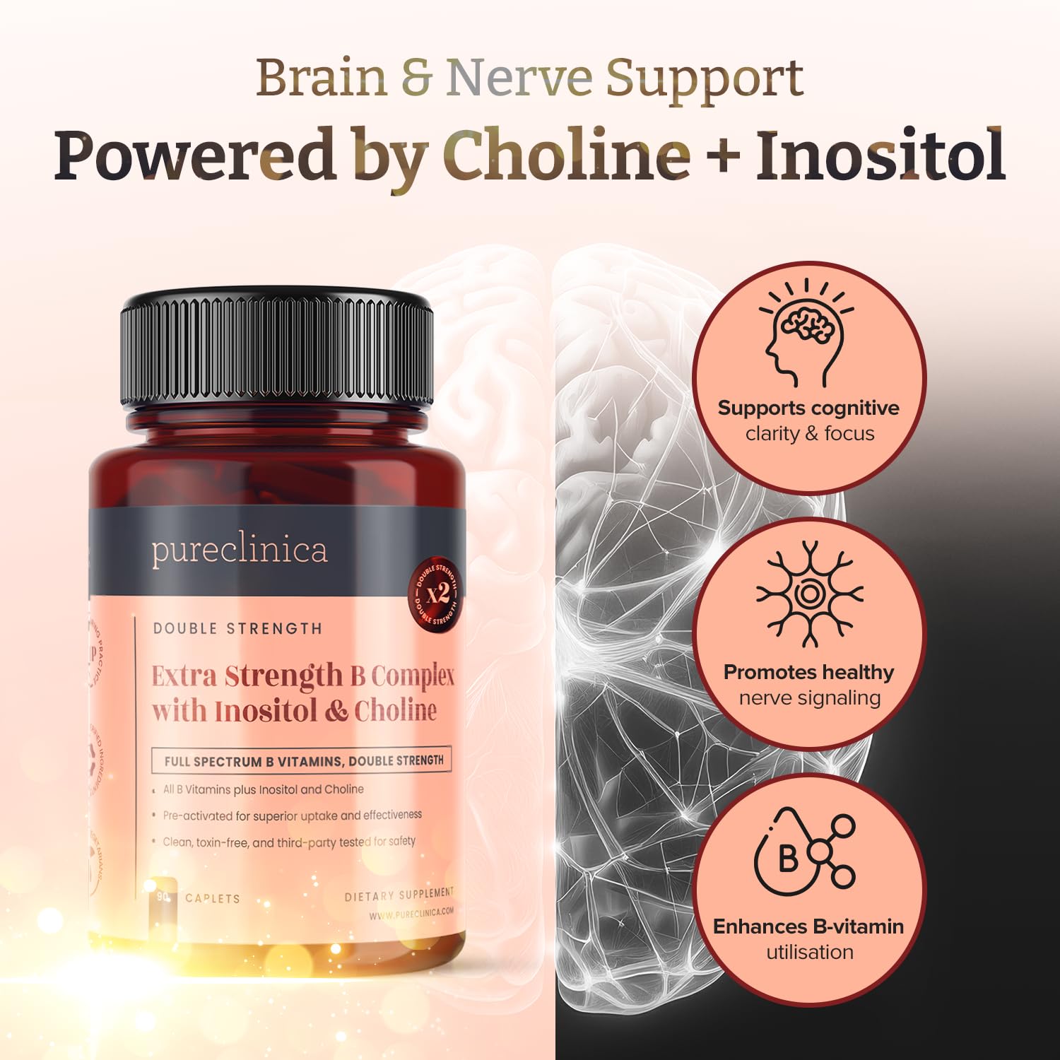 Extra Starkes B-Komplex mit Inositol & Cholin x 540 Tabletten (6 Dosen à 90) – Hochdosierte B-Vitamine für Energie, Gehirn & Nerven – 18 Monate Vorrat