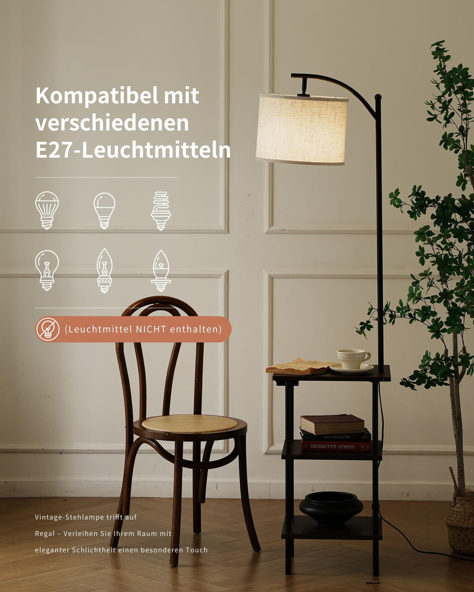 Lampada da Terra Vintage con Mensole, Piantana in Legno con Tavolino e Stazione di Ricarica, Nocciola Retrò 3 Livelli di Rangement, Testa Orientabile, per Soggiorno, Camera da Letto