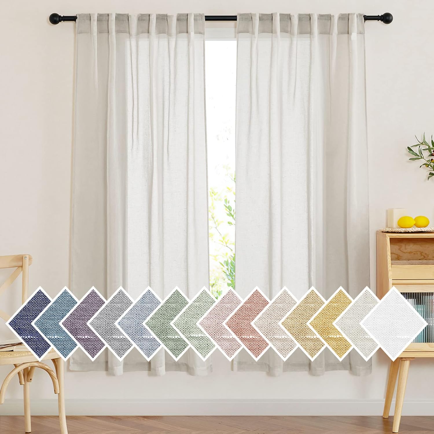 NICETOWN Cortinas semitraslúcidas de mezcla de lino, bolsillo para barra y pestaña trasera, cortinas para ventana de dormitorio, privacidad con