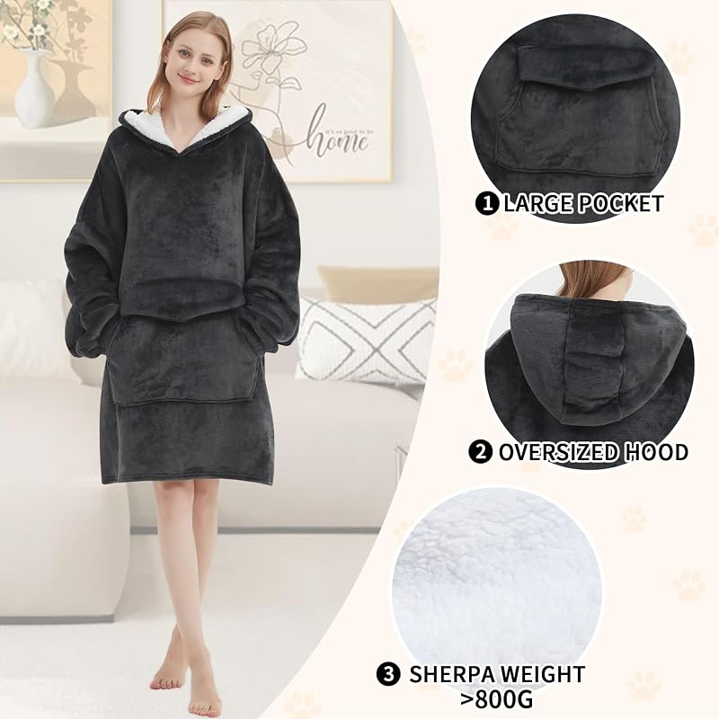 Mewkou Wearable Blanket Hoodie for Adult,Oversized Sherpa Fleece Blanket Hoodie for Women Men,Grey image 3