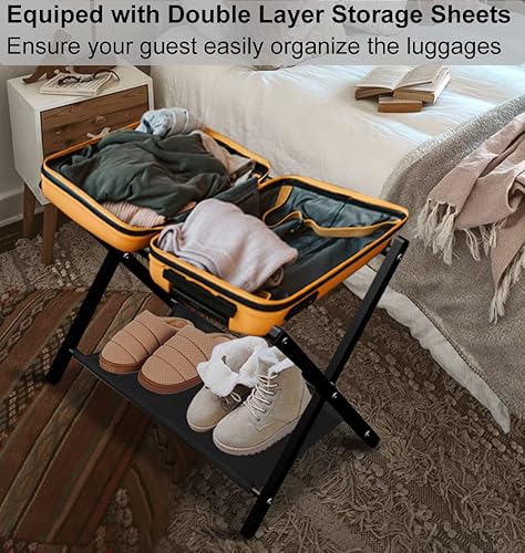 Miniatura 4 de Portaequipajes plegable para habitación de invitados, soporte plegable de metal para maleta con estante para dormitorio, negro, 1 paquete