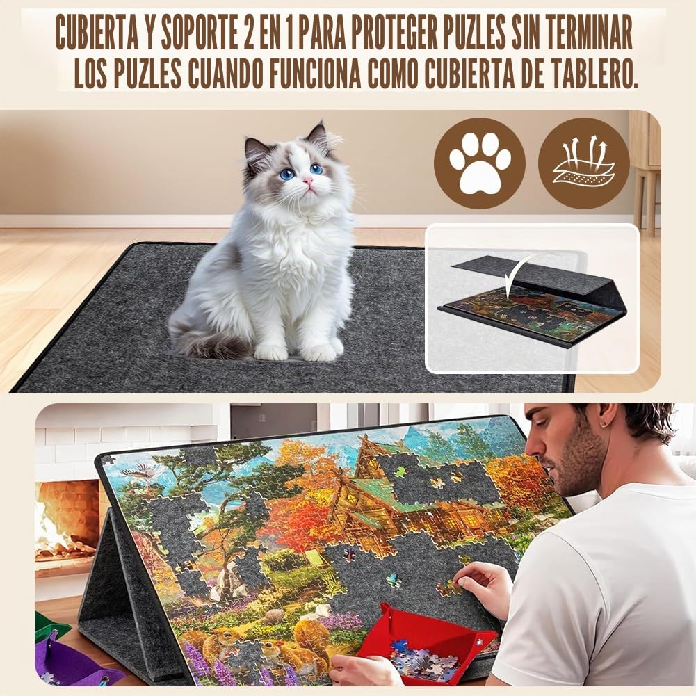 Tablero Puzzle para 1000 Piezas, Tablero de Rompecabezas | Puzzle Board con 6 Bandejas y 2 en 1 Soporte, Tapete de Fieltro Ligero Portátil Mesa Puzzles, Plegable Antideslizante