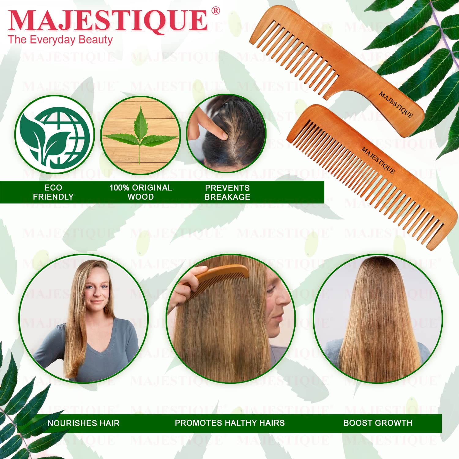 Majestique 2PCS Wooden Neem Wooden Hair Comb for Women, Wood Anti-Static & No Snag, Wodden Handcrafted Hair