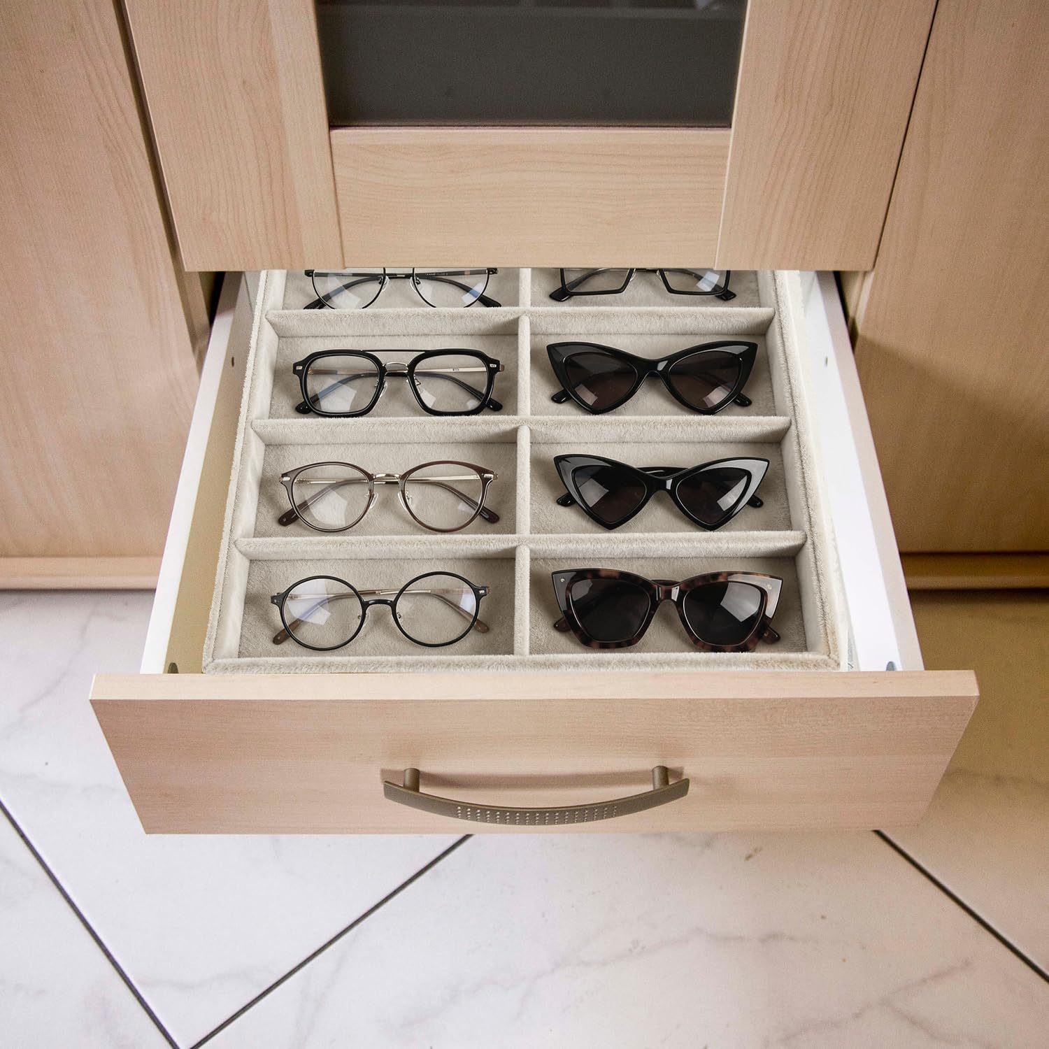 Organizador de Gafas de Sol Bandeja de Terciopelo - Caja de Almacenamiento para 8 Pares de Gafas, Ideal para cajones o para exhibición - 33,8 x 24,4 x 3,8 cm