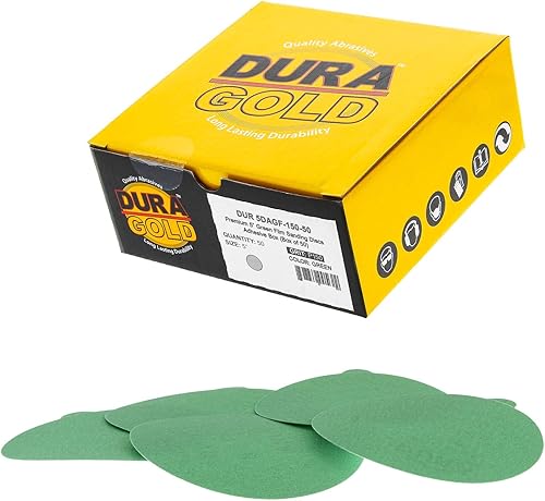 Miniatura 20 de Dura-Gold Discos de lija PSA de película verde de 5 pulgadas, grano 180 (caja de 50), discos de papel de lija autoadhesivos con parte trasera