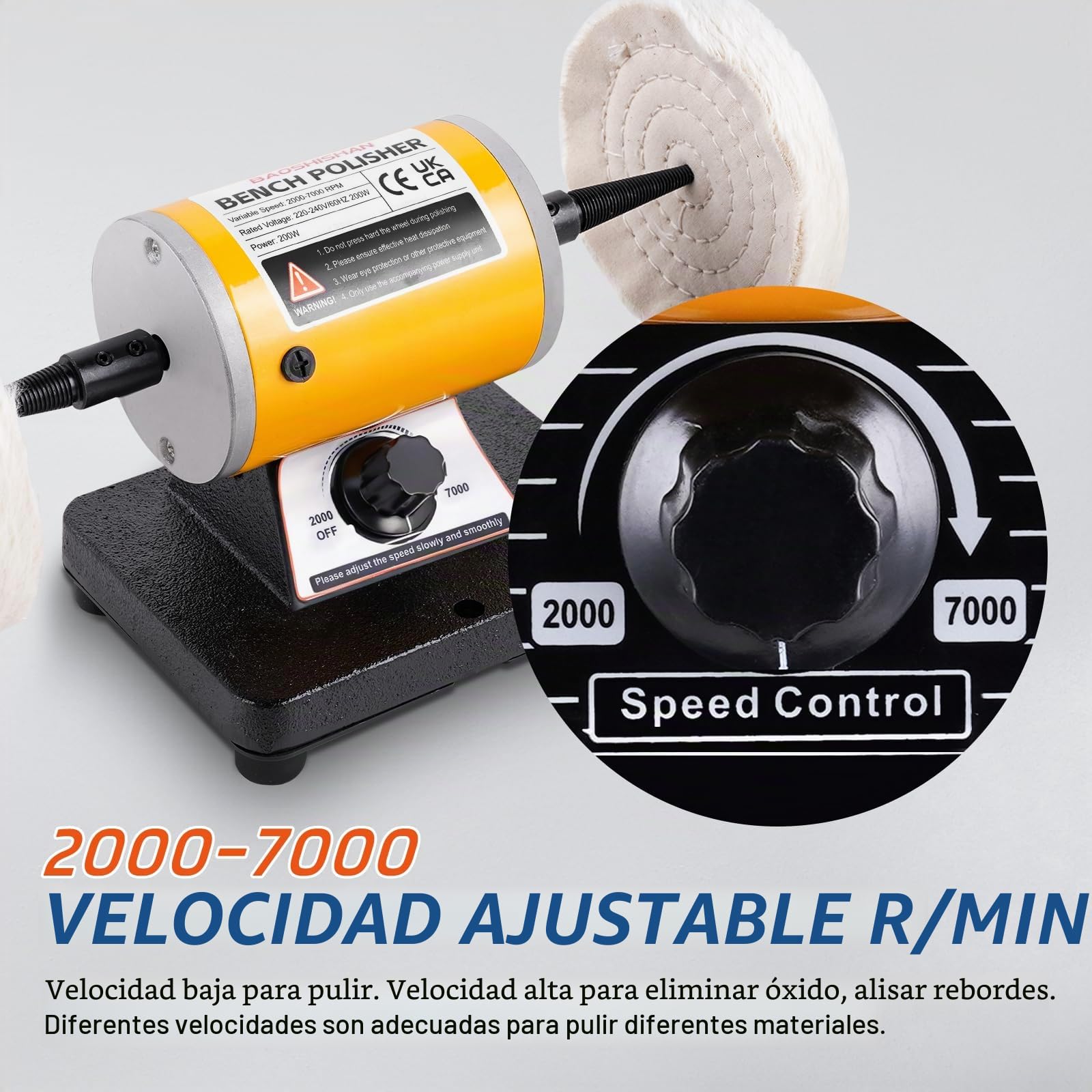 BAOSHISHAN Pulidora de Joyas Pulidora de Mesa 200W Esmeriladora de Banco de Velocidad Variable 7000rpm