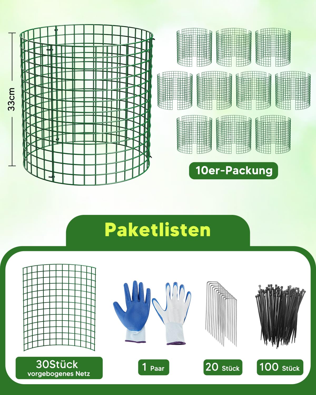 10er Set Pflanzen Schutzgitter, 33cm Hohes Grünes Metall Pflanzenschutzkäfig mit Handschuhen, Kabelbinder & Erdpfählen, Wiederverwendbarer Pflanzenschutz, Schutz vor Kaninchen & Kleintiere