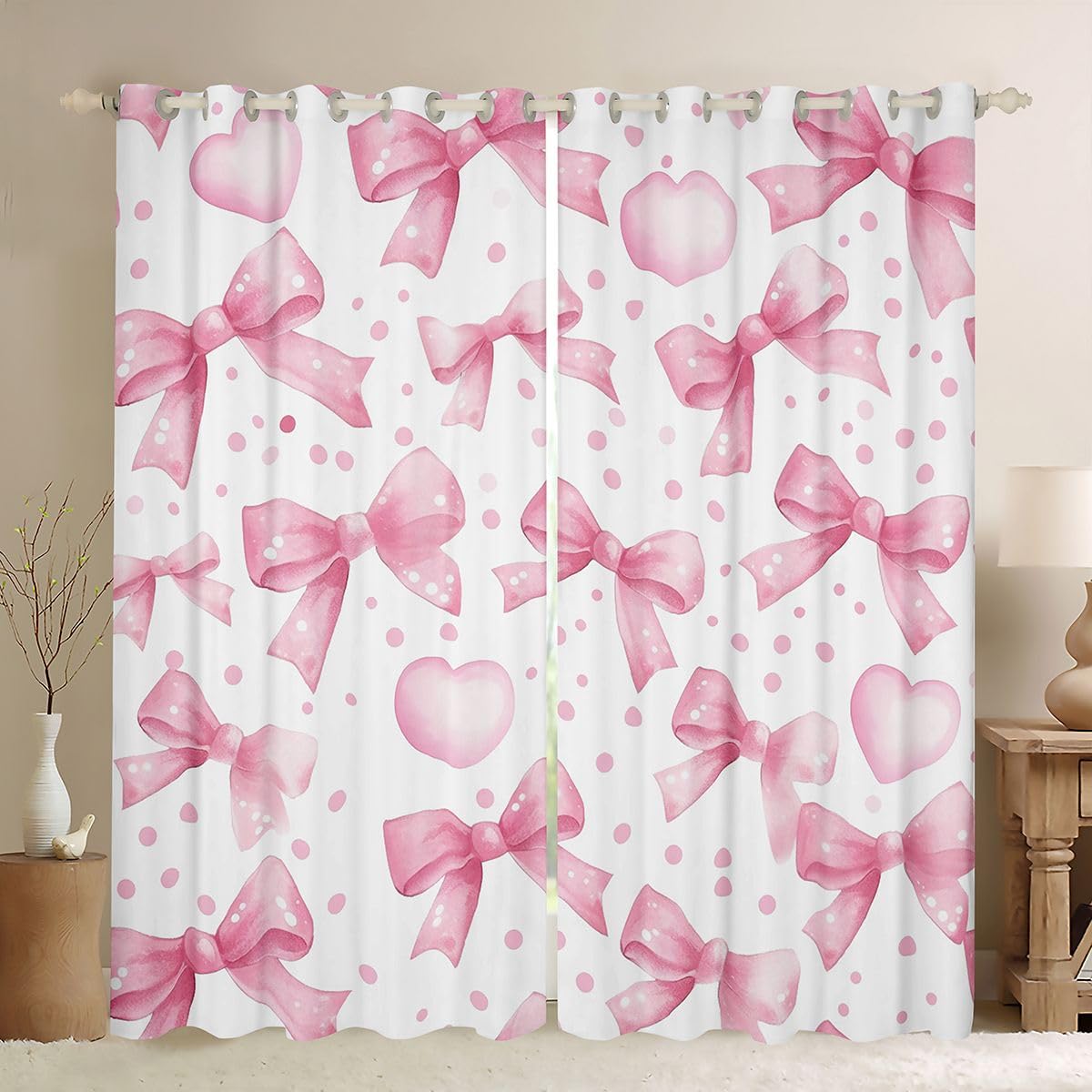 Homewish Dziewczęca kokarda księżniczka różowe zasłony okienne 117 x 137 cm, 2 zestawy paneli - urocza wstążka kokarda marzycielskie zasłony zaciemniające miłość serca zasłony okienne zasłony kropki
