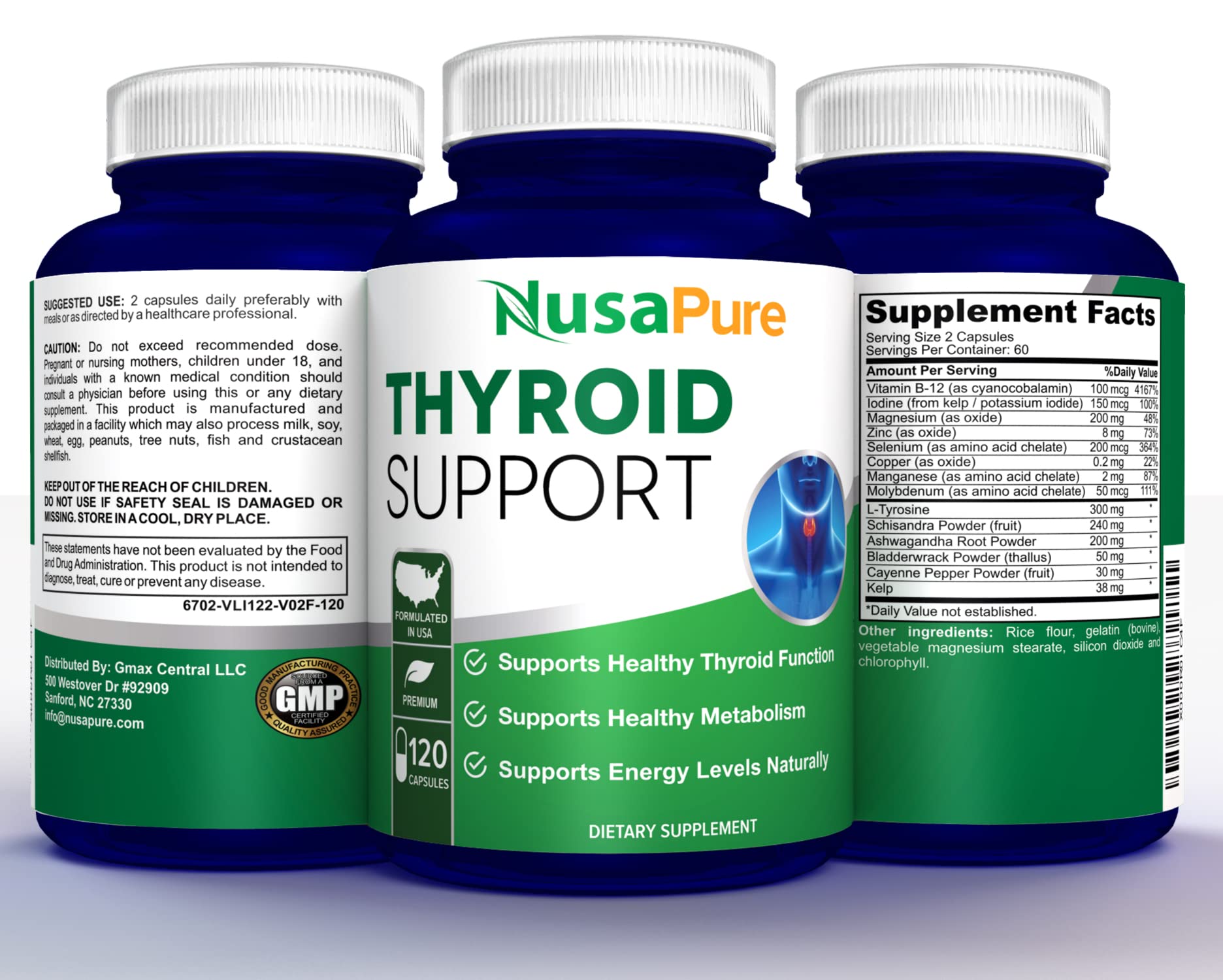 Premium Thyroid Support Supplement (NonGMO) 120 caps for with Ashwaganda, Iodine, Zinc, kelp