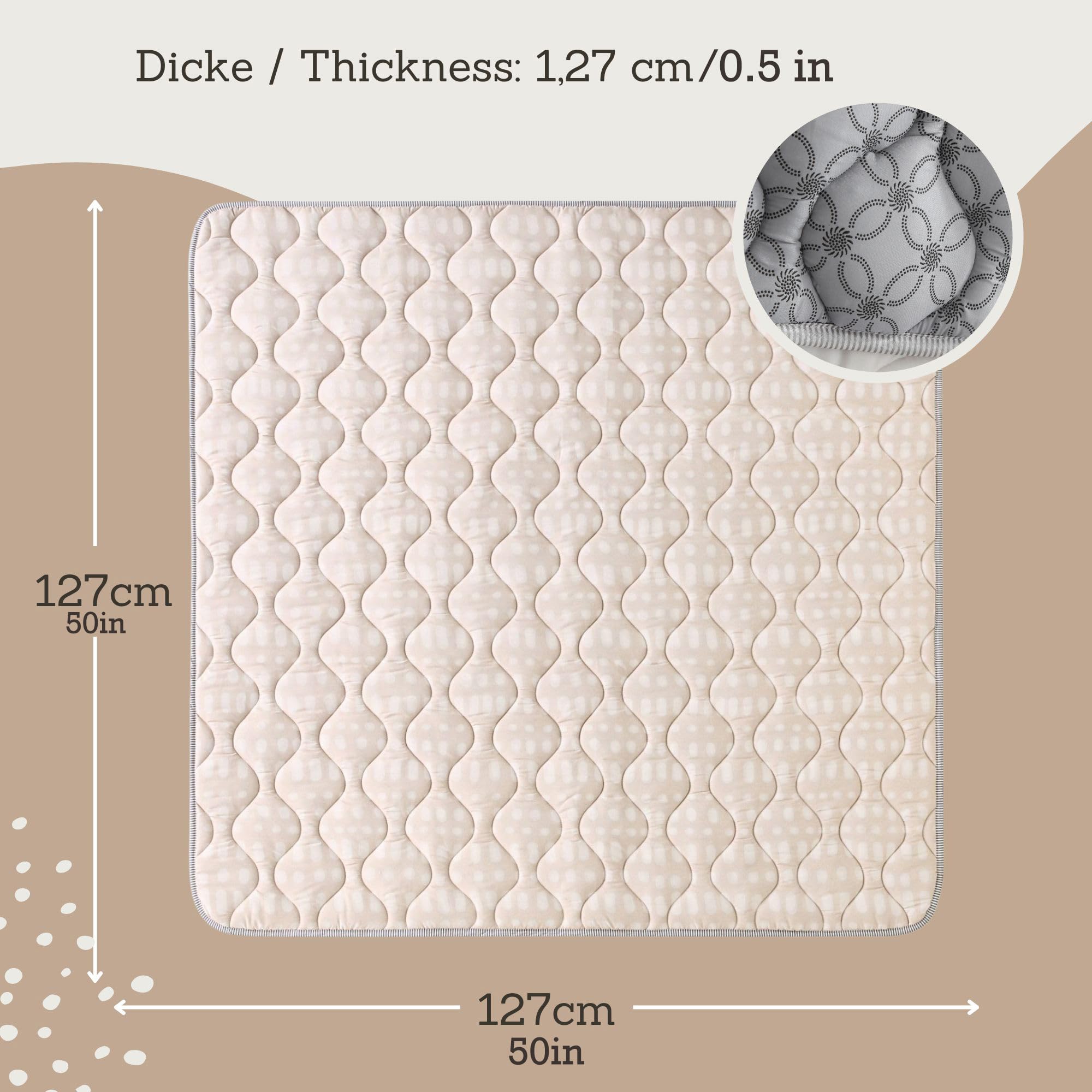 Hakuna Matte Grande tappetino da gioco imbottito, 127 x 127 cm, extra spesso 1,5 cm, morbido tappetino da gioco per neonati con bel design Hygge beige, tappetino da gioco con retro antiscivolo per