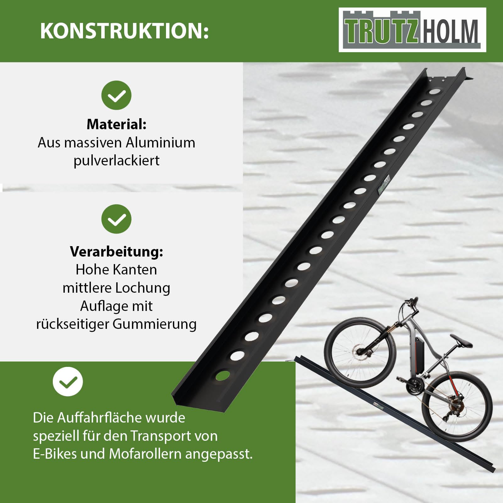 TRUTZHOLM Auffahrschiene Aluminium Gesamtänge 194 cm Traglast 200 kg Verladeschiene Auffahrrampe leicht starr für leichte Motorräder Mopeds E-Bike Rampe Fahrradrampe inkl. 1x Spanngurt in schwarz