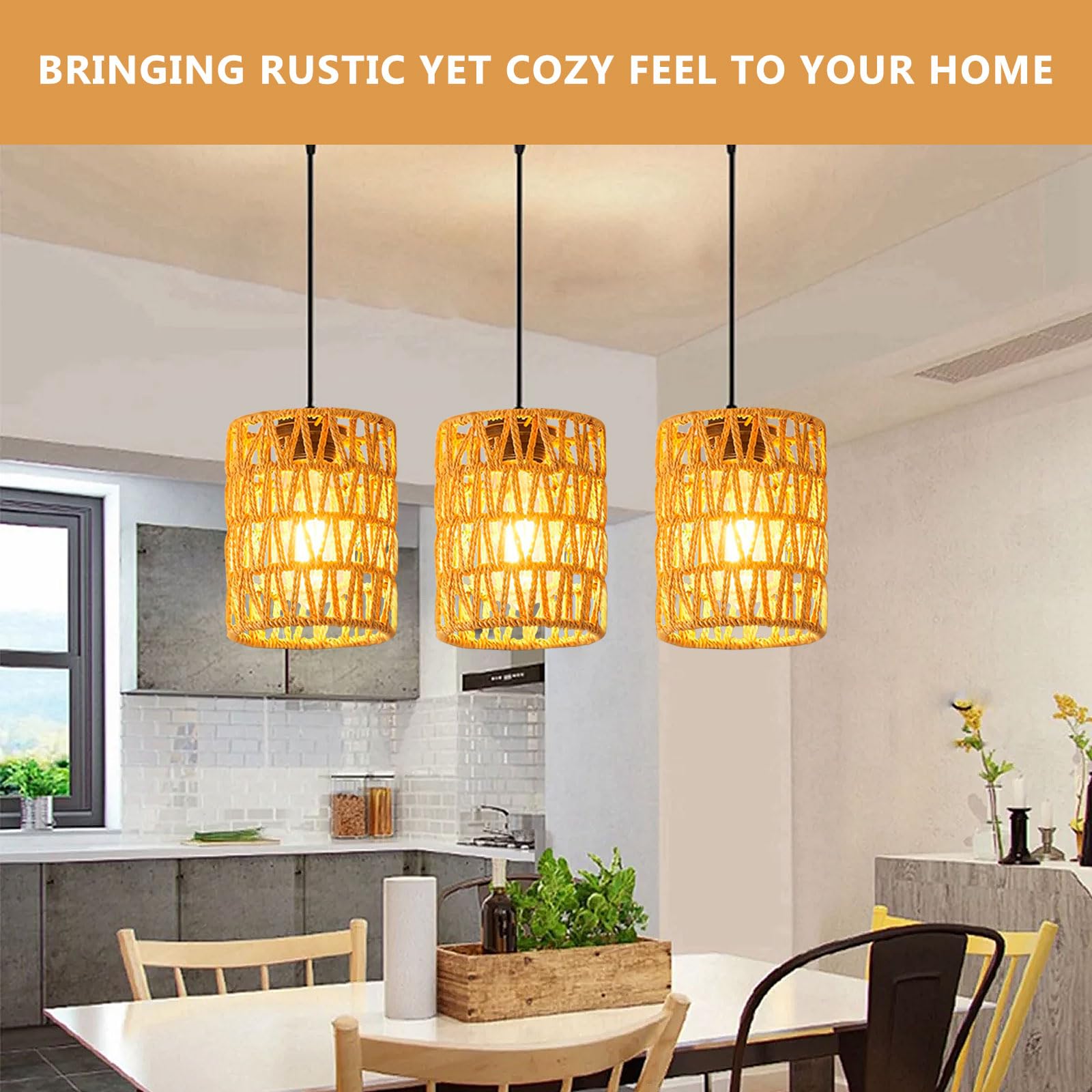 Supkiir 6 Pack Rattan Lamp Shade, Retro Small Pendant Light Shade Replacement, Boho Cylinder Wicker Woven Lampshade for Chandelier, Floor Lamps, Pendant Light, Wall Sconces Light Fixture