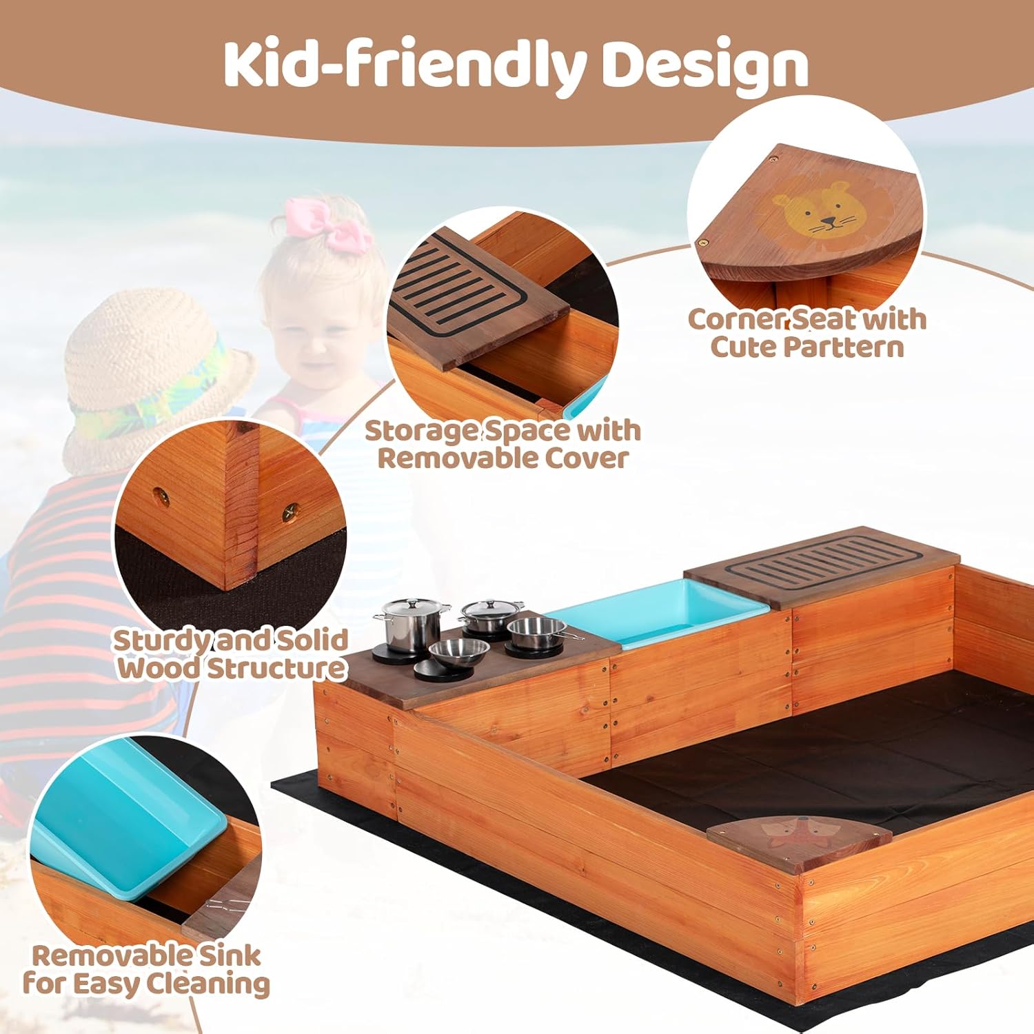 Kids Sandbox with Kitchen Playset, 2 in 1 Wood Sand Pit with Cover & Bottom Liner, Outdoor Toddler Sand Box with Corner Seats, Storage Bin, Sink & Cooking Accessories for Garden Beach Backyard