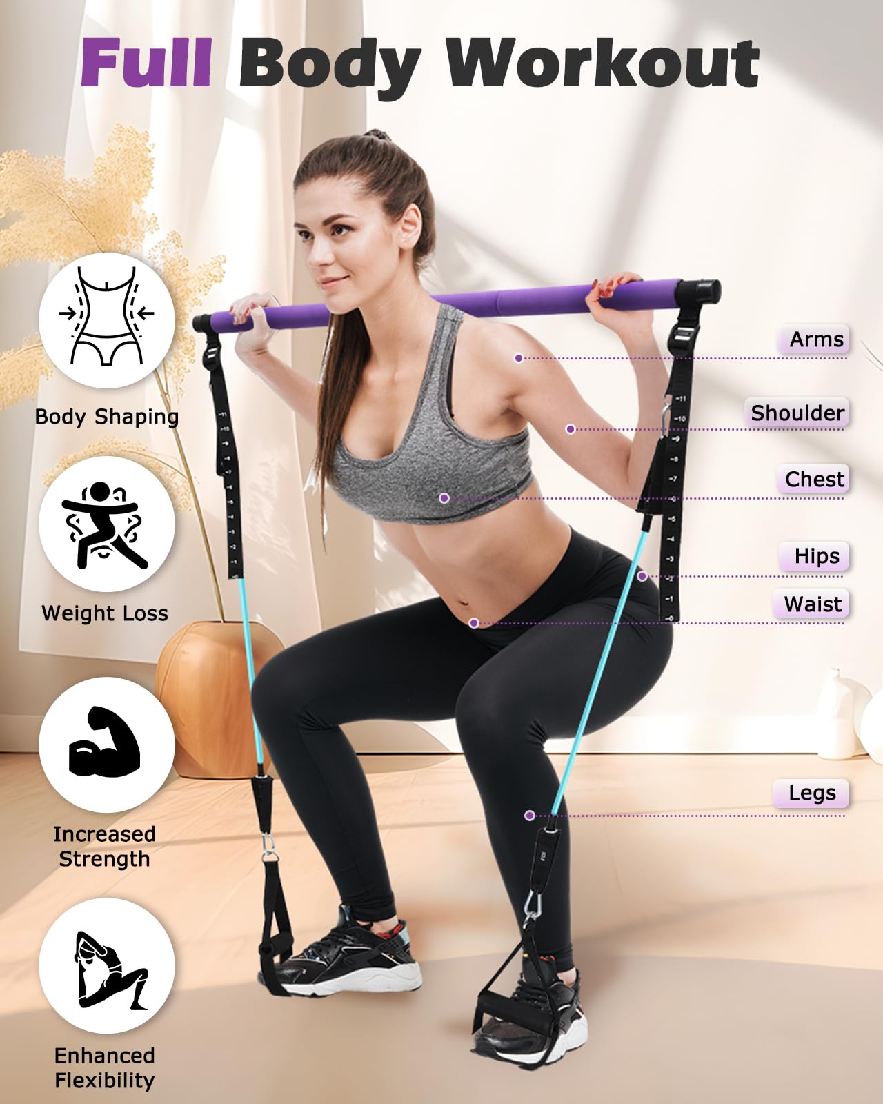 Zacro Kit de Barra de Pilates - Sets de Pilates con 6 Bandas de Resistencia, Ajustables Juego de Bandas de Fitness Smart Workout, Gomas Elasticas Musculacion para Gimnasio En Casa
