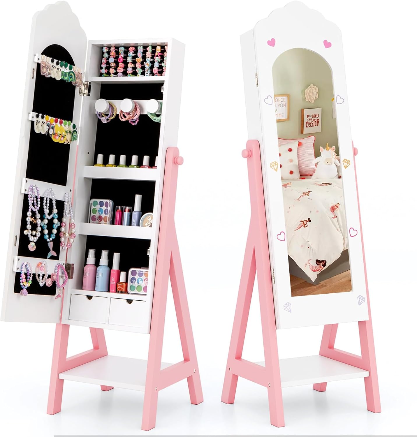 HONEY JOY Kids Jewelry Armoire Cabinet, Wooden Free Standing Jewelry Organizer w/Full-length Mirror and Storage Drawers, Storage Shelves, Children Dress Up Jewelry Cabinet for Little Girls (White)