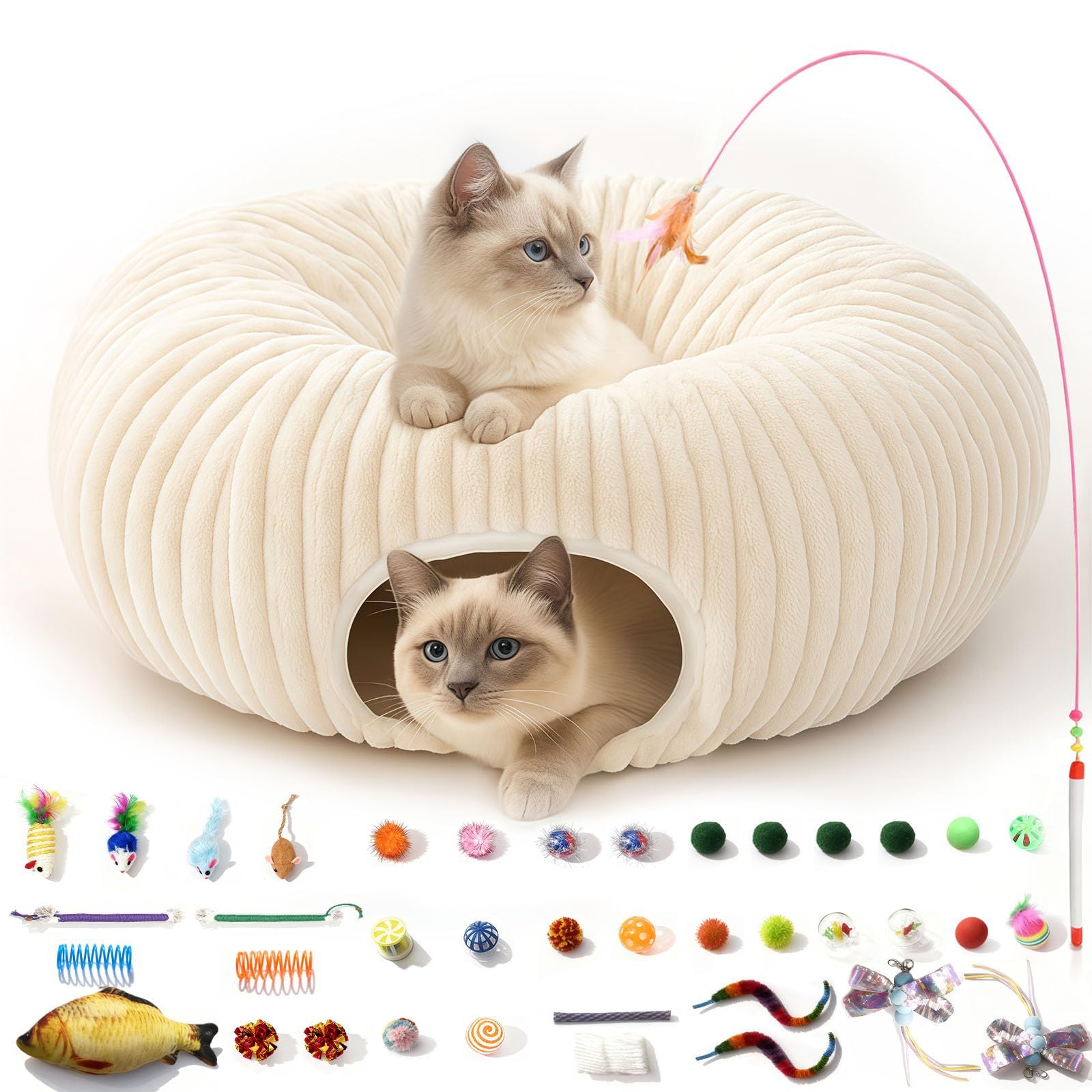 MOYMO Cat Tunnel Bed with 40 Cat Toys, Collapsible Play Tunnel for Indoor Cats, Cat Tube for Kitten Puppy