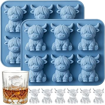 2PC Highland Cow Ice Cube Tray, 3D Highland Cow Ice Cube Molds, 6 Cavity Silicone Animal Ice Cube Tray for Candy, Jelly, Chocolate, Reusable Mini Highland Cow Gifts for Farmhouse Kitchen Accessories