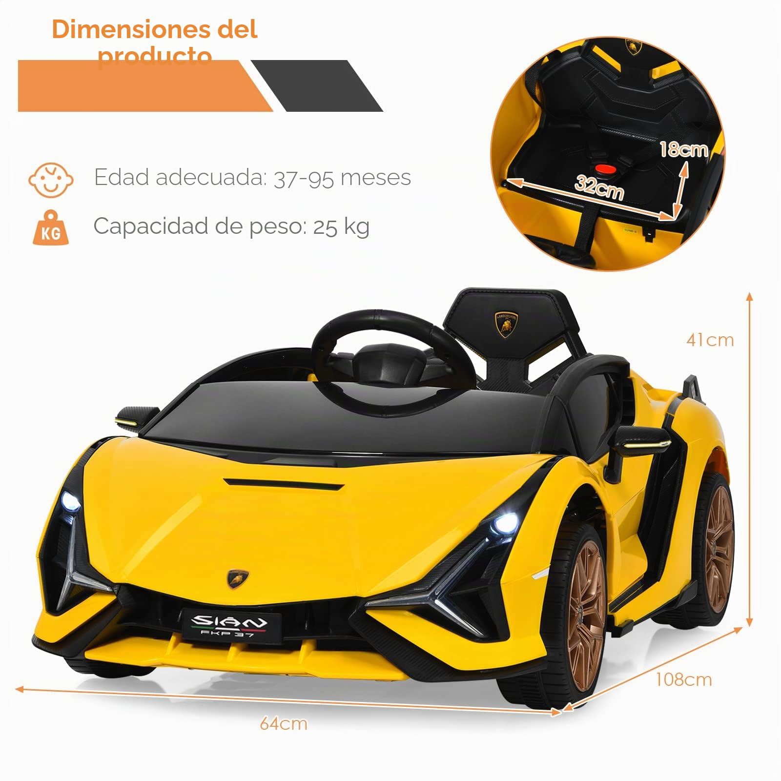 GOPLUS Lamborghini Coche Eléctrico 12V (Amarillo) | Vehículo Eléctrico para Niños de 3-8 Años, con Control Remoto, MP3 USB Bluetooth Música, 3-5km/h, Carga Máxima 25KG