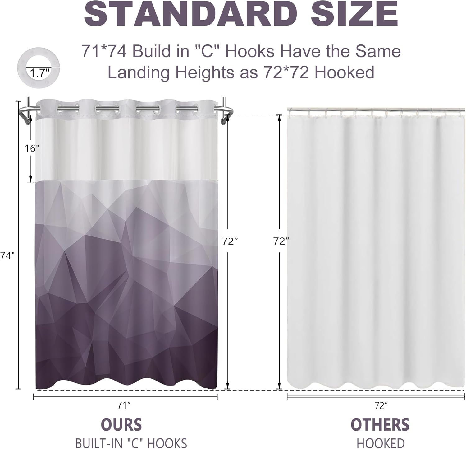 No Hook Shower Curtain with Snap in Liner and Sheer Window, Purple Modern Geometric Fabric Shower Curtain Set for Bathroom Decor, 15-Second Quick Install, Abstract Irregular Ombre, 71"X74"