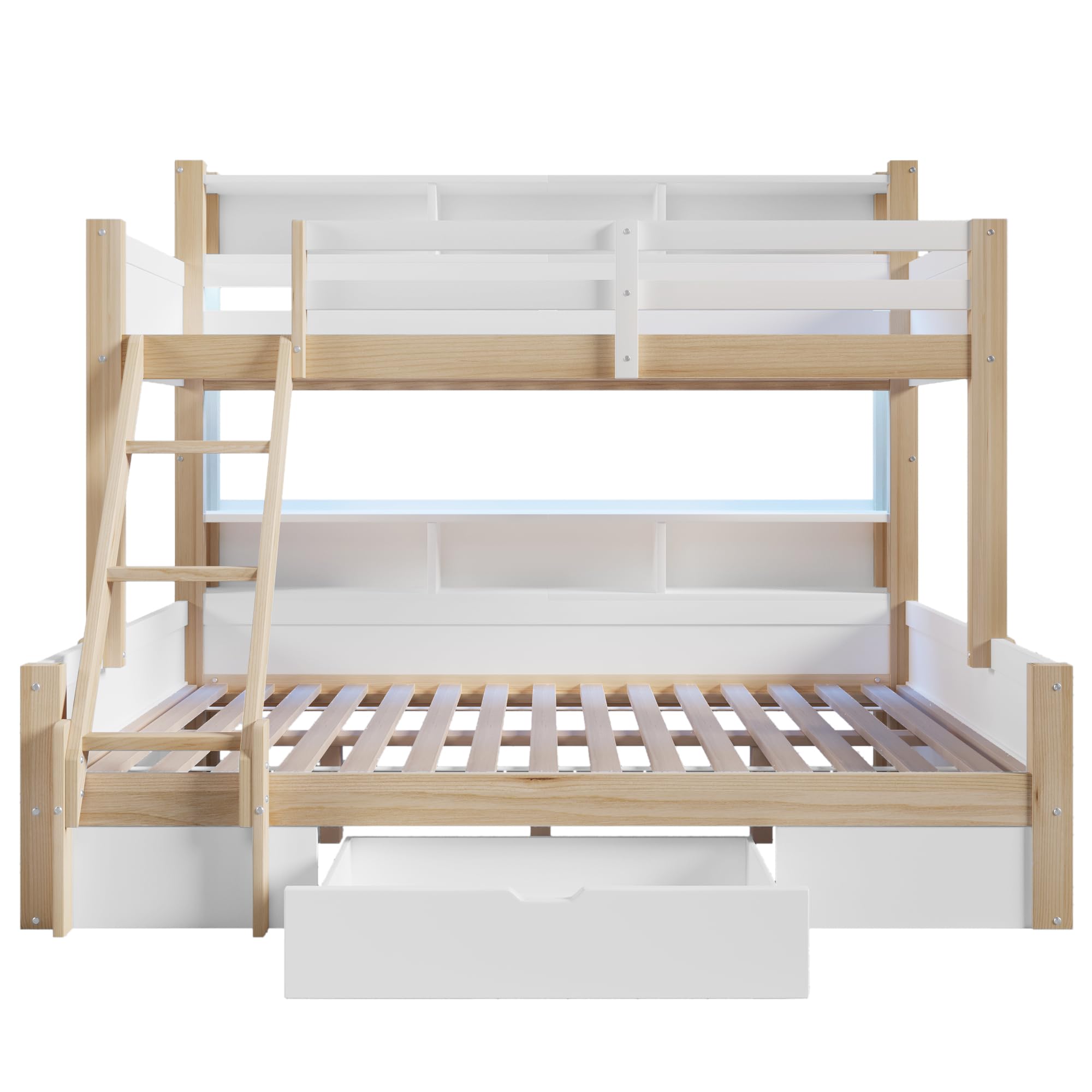 Litera, 90 x 200 cm+140 x 200 cm, escalera, barandilla, varios armarios abiertos, posición de escalera opcional, 1 cajón, barra de luz LED, sin colchón (blanco + natural)