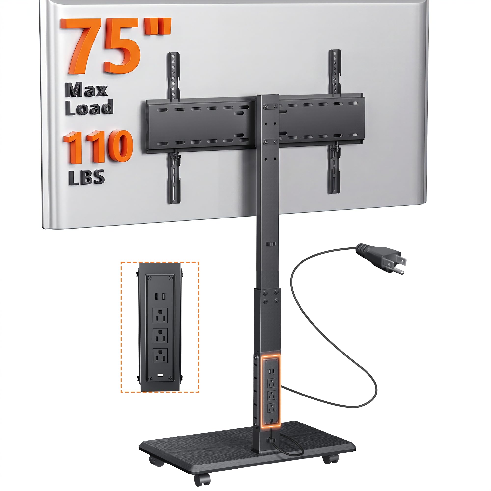 Rolling TV Stand with Power Outlet for 32-75 Inch TVs, 110 lbs Capacity