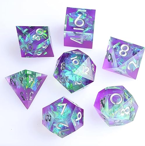 Vista 91 de DND - Juego de dados hechos a mano, 7 accesorios, dados de borde afilado para juegos TTRPG de Calabozos y Dragones, RPG multicara de resina Negro