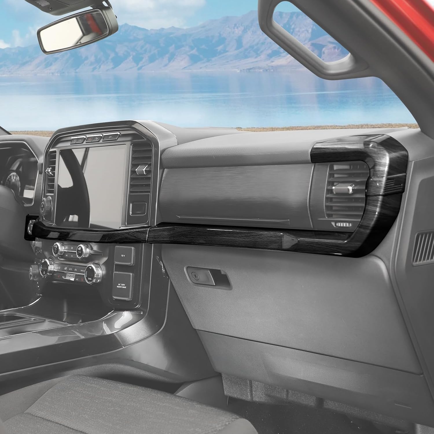 RT-TCZ Center Console Dashboard Strip Cover Trim Decoration Interior Accessories for Ford F150 2021-2025 (Black Wood Grain)