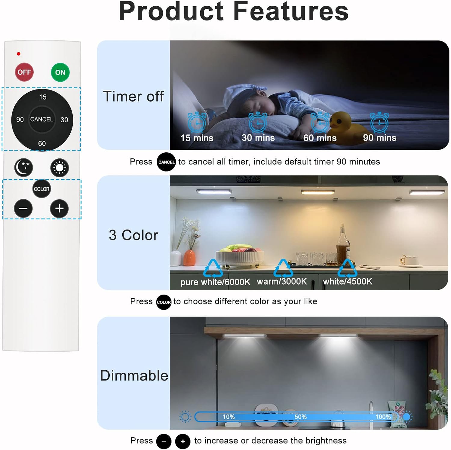 Motion Sensor 48LED Closet Lights Remote Control, Under Cabinet Lighting Rechargeable, Indoor Homelife LED Counter Lights with Timing & Dimming, 3 Colors, 4 Packs
