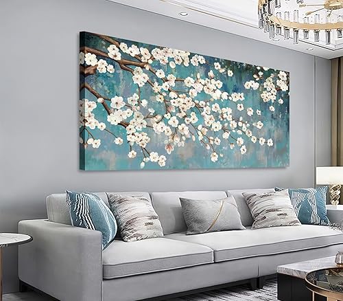 Shoci Arte de pared de árbol de flores, lienzo grande de ramas florales blancas y marrones para sala de estar, pintura rústica, verde azulado,