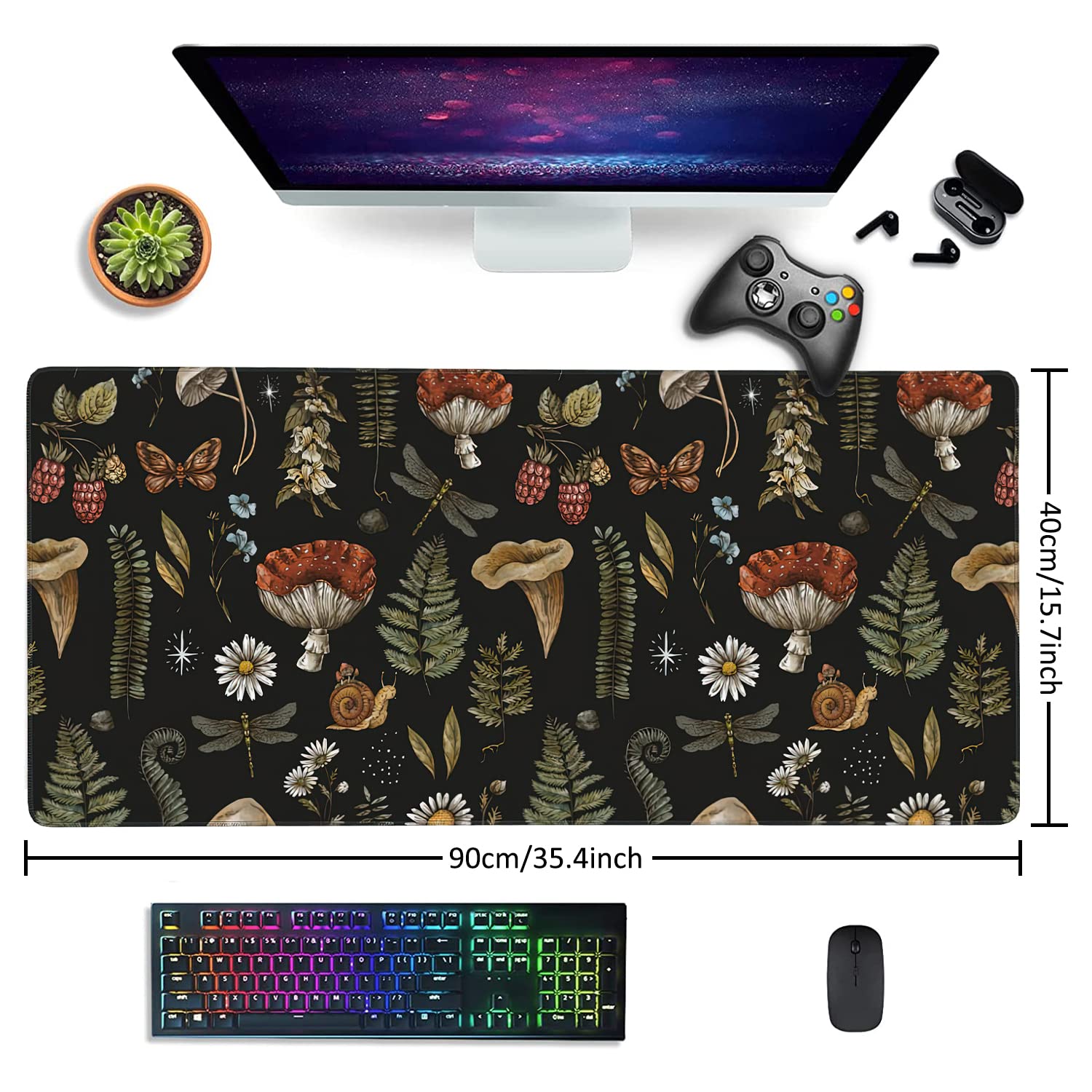 Vintage Mushroom Large Mouse Pad Extended Gaming Mouse Pad Waterproof Desk Mat with Stitched Edge,Non Slip Base Keyboard Mouse pad for Home Office 35.4
