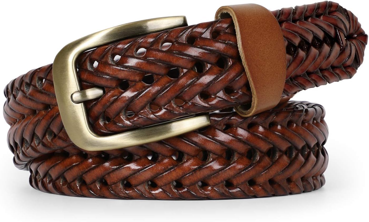 Mens Genuine Leather Braided Belt Cowhide Woven Belt for Jeans 1 3 Inch Wide Prong Buckle Fits Pants