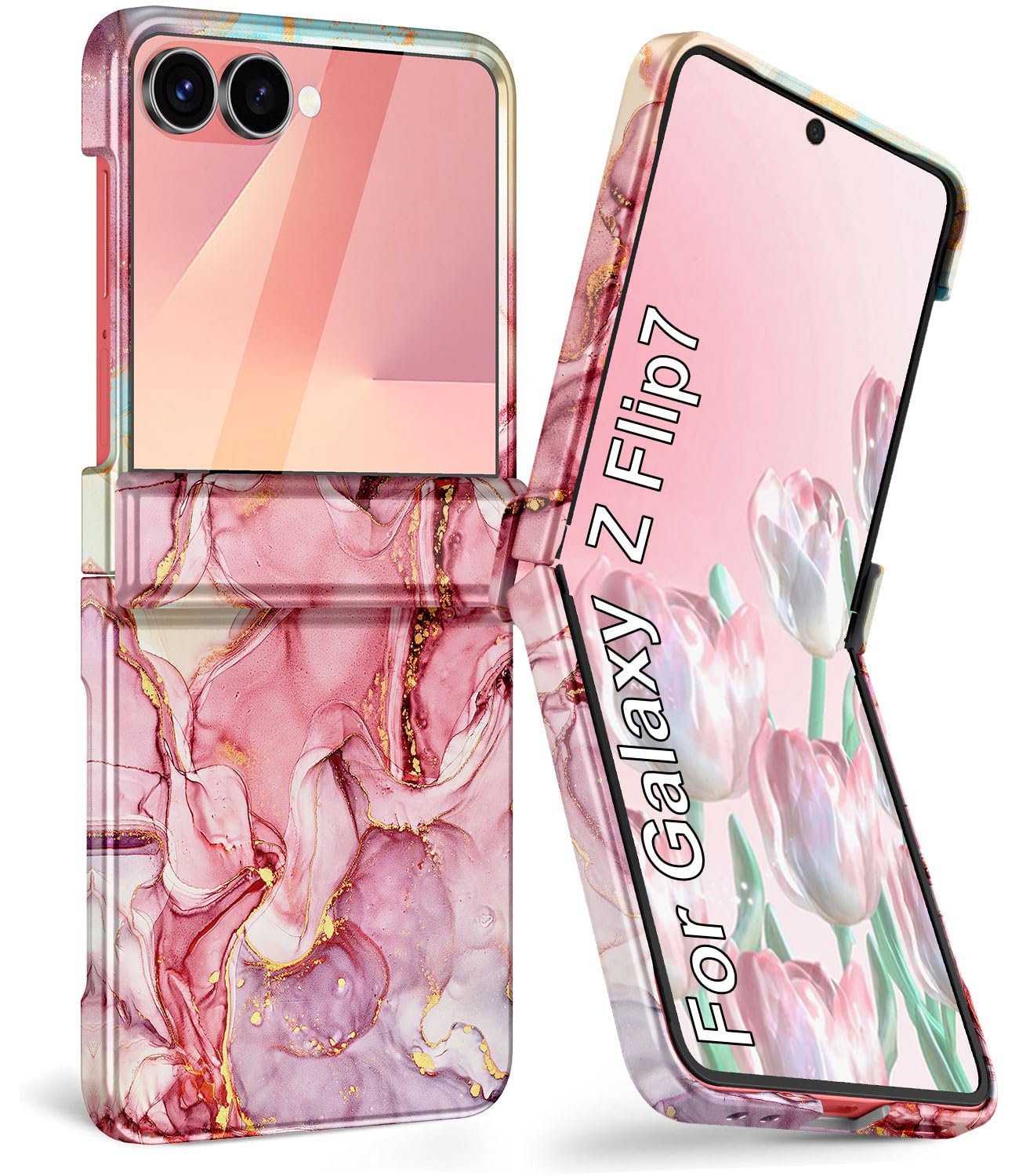 Btscase for Samsung Galaxy Z Flip 7 Case,Built in Front Screen Protector,Gold Glitter Marble Pattern Hard PC Slim Shockproof Full Body Drop Protective Case for Galaxy Z Flip 7 5G (2025), Rose Gold
