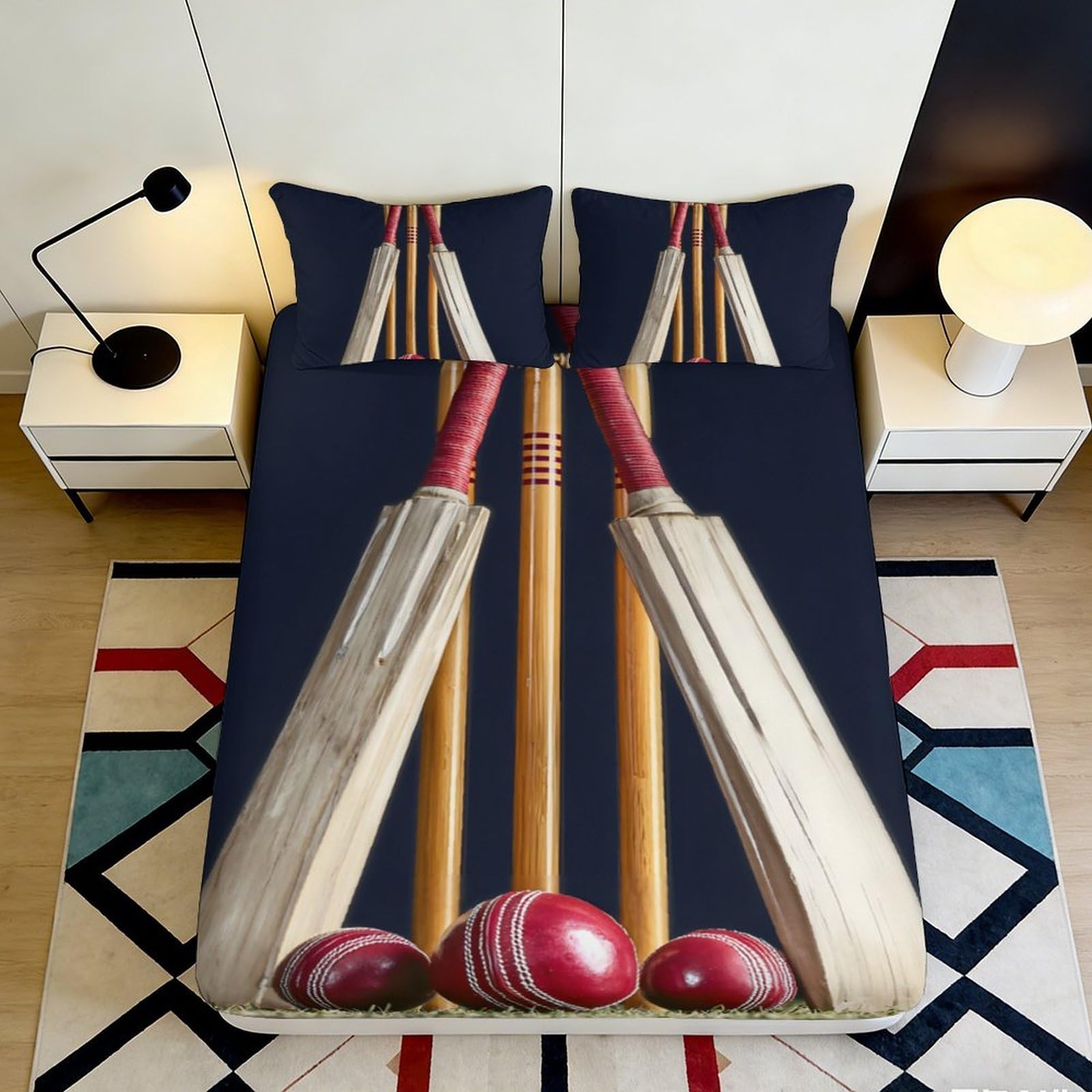3D Printed Cricket Bat Design Fitted Sheet Microfiber Soft Durable Cricket Ball Bed Cover for Bedroom Dormitory Guest Room Mattress Protection 180x200x25cm