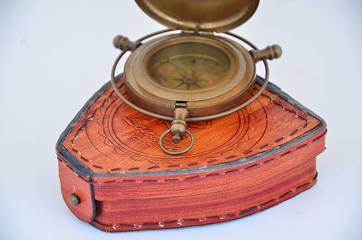 Handmade Antique Brass London Compass Push Button Compass with Leather Case Direction Finder Pocket Working Compass for Camping and Hiking Outdoor Military Army 2