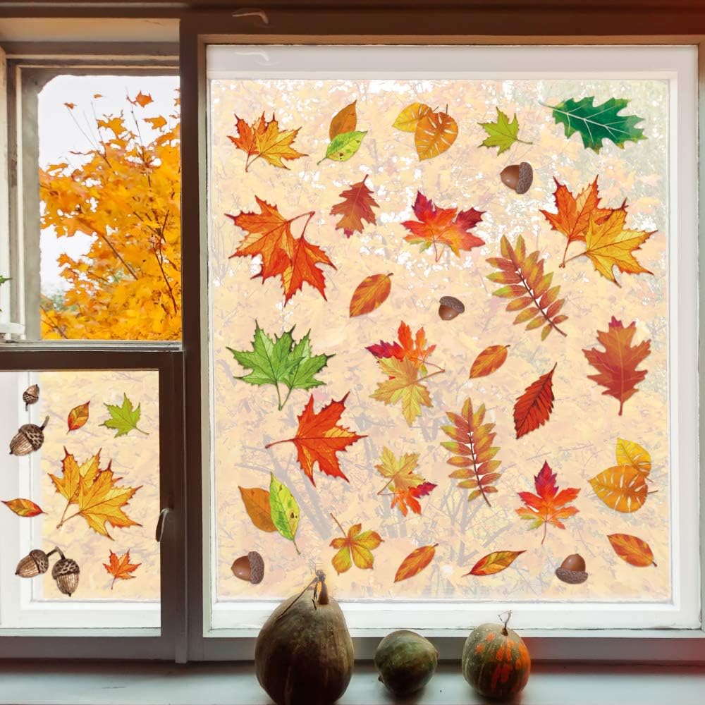 360 Pcs Fall Leaves Window Clings- 8 Sheet Large Thanksgiving Fall Maple Home Decorations- Autumn Fall Decals Party Decor Ornaments Supplies for Home, Thanksgiving Party Decorations