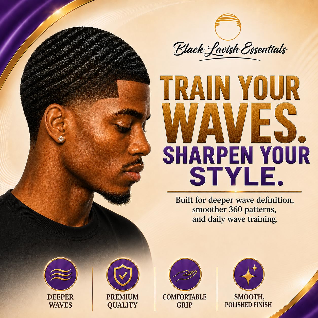 Cepillo de ondas 360, crea ondas más profundas, cerdas de jabalí suaves y duras, cerdas curvas negras LAVISH ESSENTIALS (morado, cepillo de dureza media)
