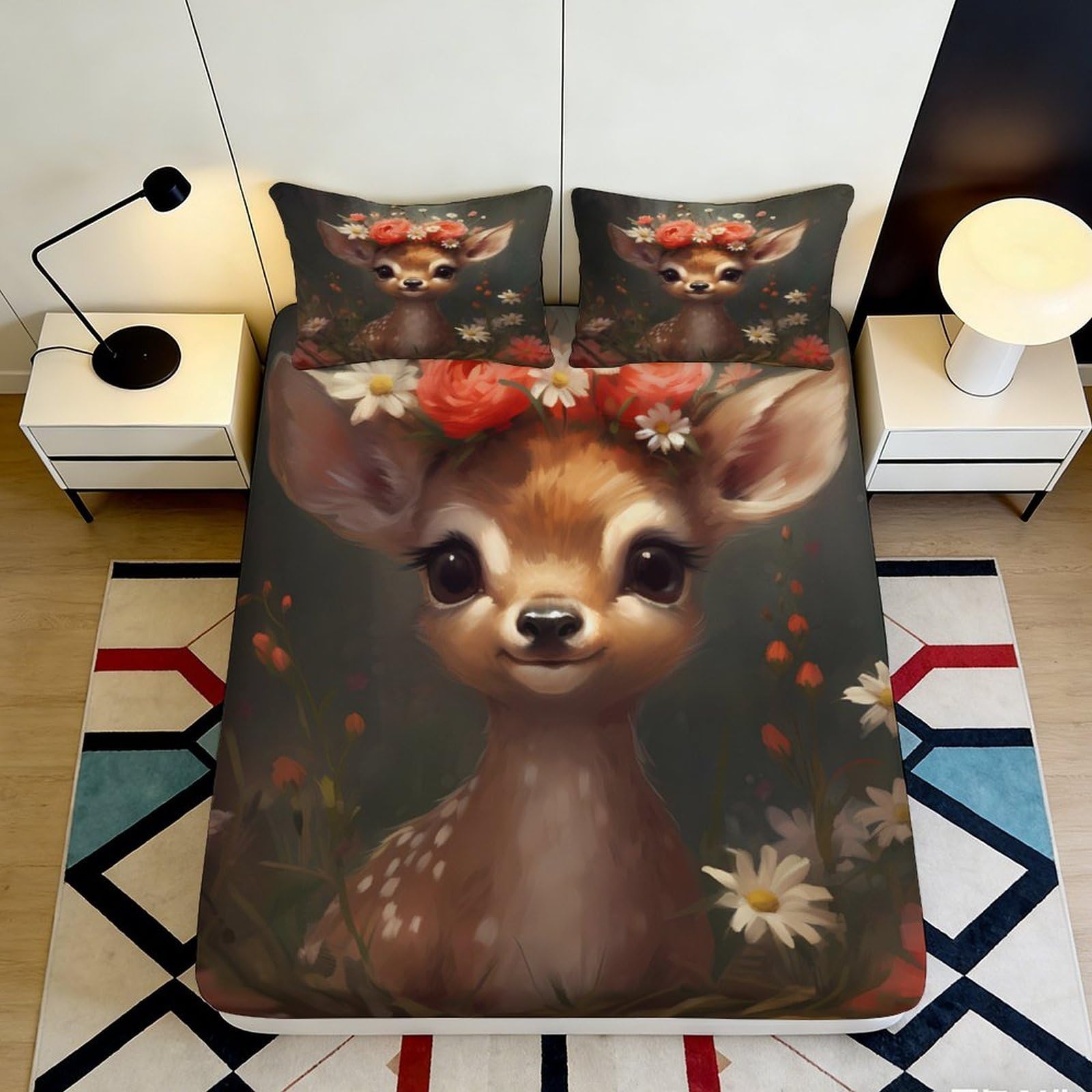 3D Printed Deer Floral Fitted Sheet Microfiber Non-Slip Deep Pocket Deer Floral Mattress Fitted Cover Washable for Adults Teens 90x200x25cm