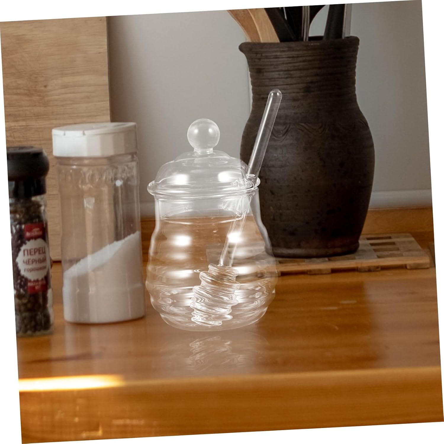 Clear Borosilicate Glass Honey Jar Set with Spiral Dipper and Lid Transparent Honey Pot Container for Home Kitchen Storage and Easy Dispensing