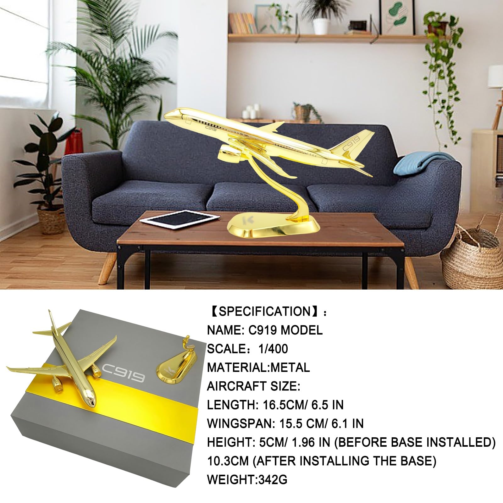 Modello pressofuso aereo militare C919 in metallo placcato oro in scala 1/400 - Espositore da collezione ad alta precisione con supporto, regalo decorativo da scrivania for collezionisti