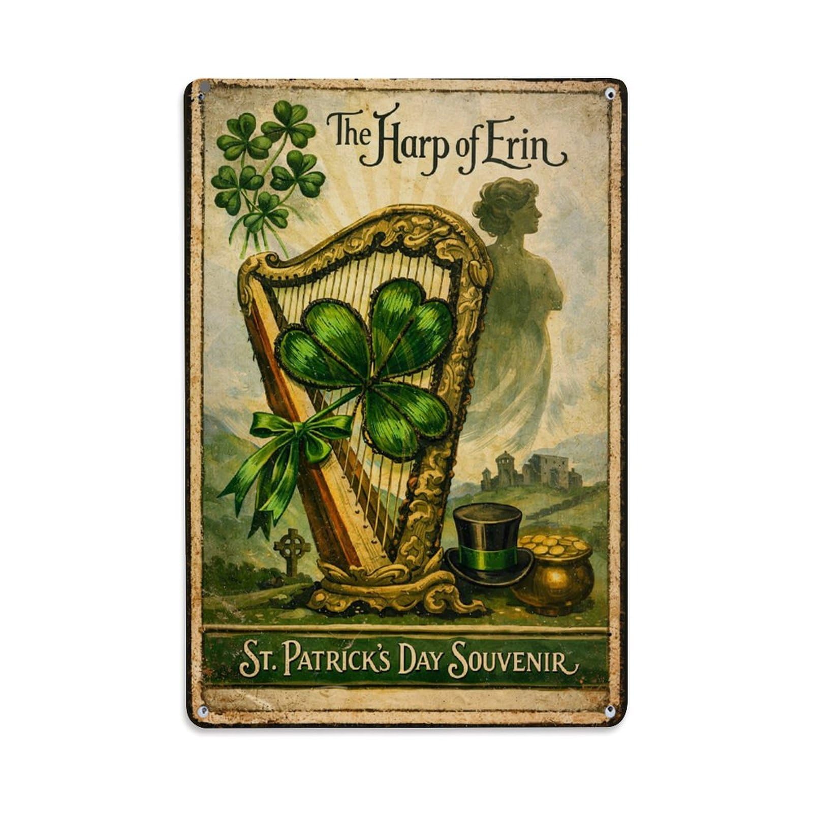 Jdfenggu Vintage St Patricks Day Harp Clover Retro Metal Tin Sign, Metal Poster For Bar, Home, Man Cave, Kitchen, Laundry Room Art Decor 8X12 Inch