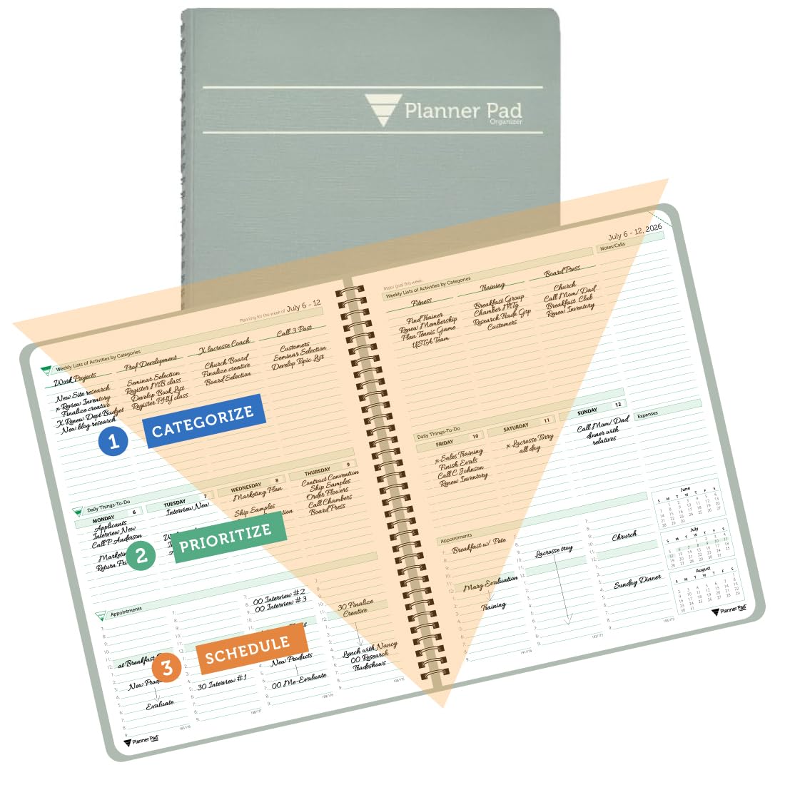 Planner Pad Spiral Bound 3-Tier Funnel Down 12 Month Medium Size Organizer, July 2026 – June 2027 / Academic Year, Greenish Grey Cover/Soft Green Ink, 6 3/4" x 8 1/2"
