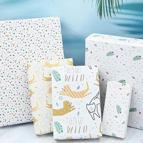 Miniatura 5 de Go Wild Safari Jungle Animals Leopard Cats Monstera Leaf Papel de regalo Hojas planas (4 hojas, 4 diseños: 15 pies cuadrados ttl)-Para niñas y