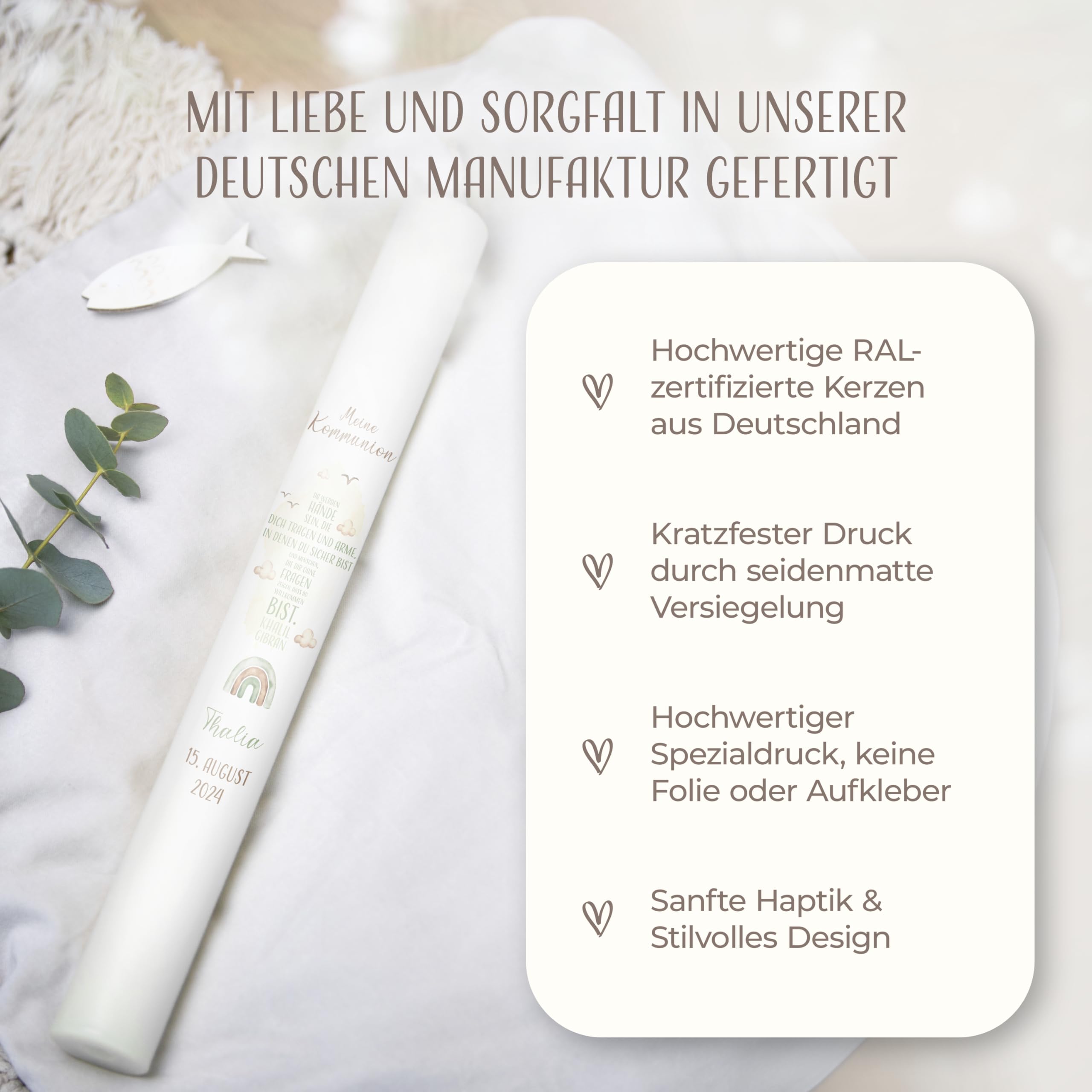 AMARI ® Kommunionkerze personalisiert Kreuz Schrift H:40cm/⌀:4cm - Personalisierte Kommunionkerze für Jungen & Mädchen – Kerze zur Kommunion selbst gestalten