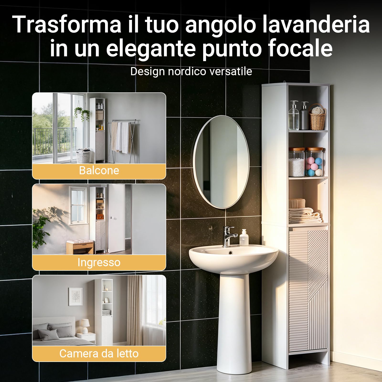 SoBuy Mobile Bagno Salvaspazio con Cesto Portabiancheria – Armadietto Bagno Alto e Stretto in MDF Bianco con Ripiani Regolabili e Antiribaltamento Mobile Lavanderia 30x170x30 cm BZR158-W