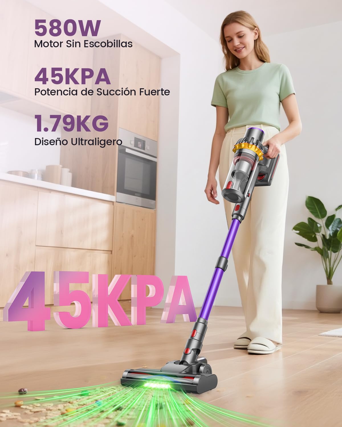 45kPa/580W/70Mins Aspiradora sin Cable, 1.8L Aspirador de Mano con Cepillo Antienredos, Pantalla Táctil, Carga de Pared, 6 en 1 Escoba Aspiradora, Ideal para Suelos Alfombras Pelo de Animales