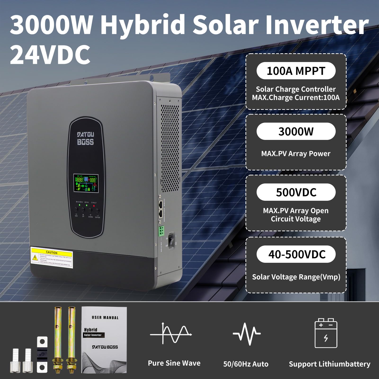 DATOUBOSS Hybrid Wechselrichter 24V 3000W, Hybrid Solar Wechselrichter 24V Reiner Sinus, 24V DC auf 220V/230V AC mit 100A MPPT Solarladeregler Und Batterie-BMS-Schutzsystem (24V 3000W)