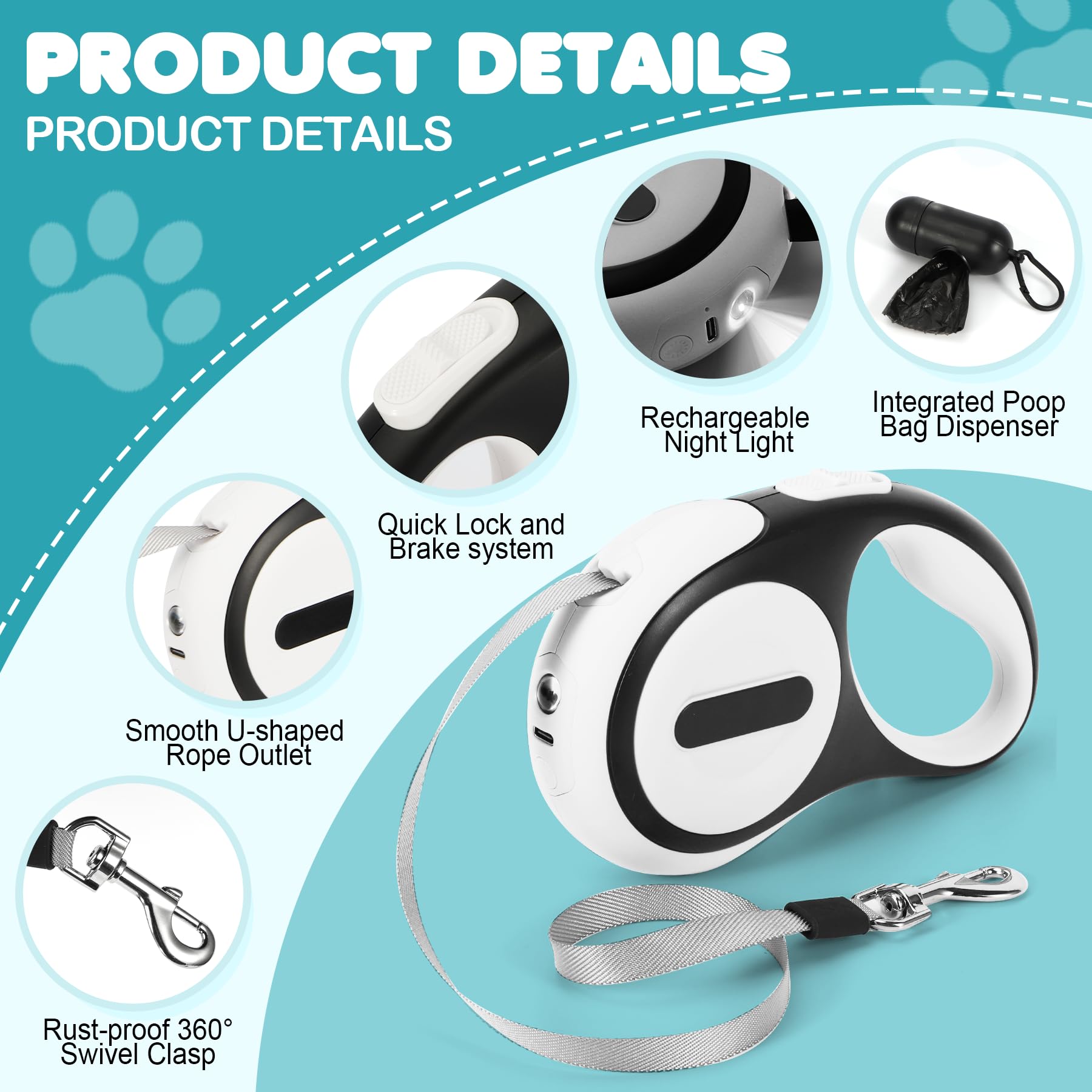 Laisse Double Rétractable Pour 2 Chiens - 2 Cordes De 3m Avec Lumière LED Et Système Anti-Emmêlement