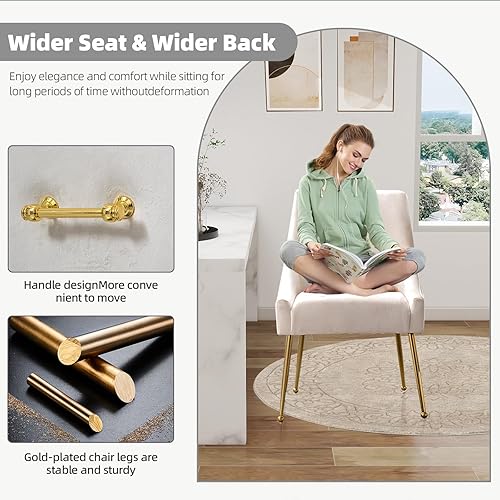 Miniatura 7 de Juego de 2 sillas de comedor de terciopelo, colección de muebles tapizadas modernas y contemporáneas con patas de metal dorado pulido (beige)